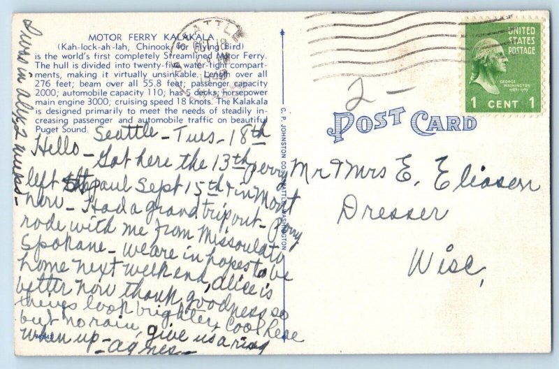 Seattle Washington Postcard Streamlined Motor Ferry Kalakala Puget Sound c1949