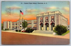 Charlotte North Carolina~Central High School Bldg~US Flag~PM 1946~Linen Postcard