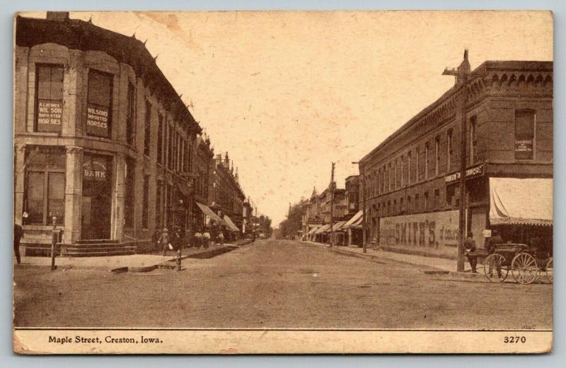 Creston Iowa~Maple Street~Bank Corner~Wilson's Imported Horses~Smith's~1912 