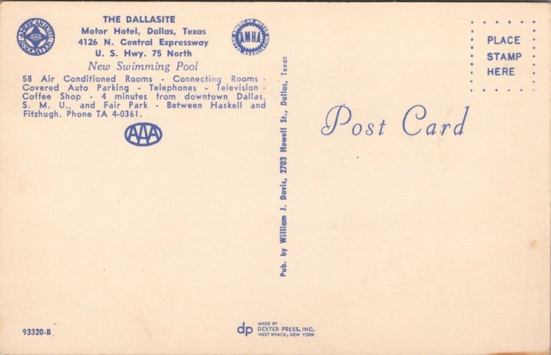 The Dallasite Motor Hotel Dallas Texas Postcard PC462