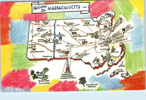 MASSACHUSETTS  Bay State  Pictorial  MAP   Postcard   1967