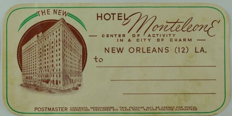 1940's-50's Hotel Montleone New Orleans, LA Luggage Label Original E19
