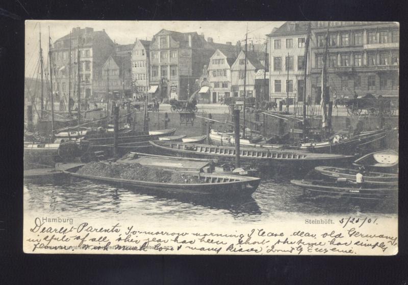 HAMBURG GERMANY STEINHOFT BOATS CANAL ANTIQUE VINTAGE POSTCARD 1901