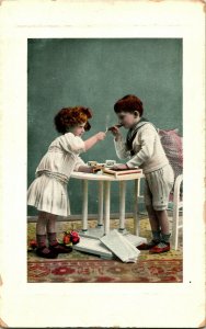 Vtg Postcard Comic Romance 1910s - Little Girl Lighting Little Boy's Cigar