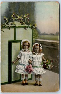 c1900s Adorable Blonde Little Girls RPPC Cute Flower Kids Gel Real Photo PC A136