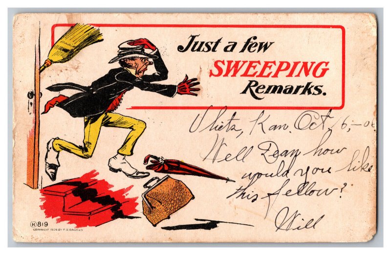 c1906 Postcard Just A Few Sweeping Remarks Vintage Standard View Comic Card 