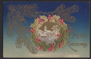 Merry Christmas with Holly and a Church Scene embossed pm1916 ~ DB