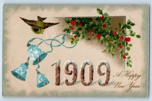 Le Claire Iowa IA Postcard New Year 1909 Large Numbers Bells Berries Bird 1908