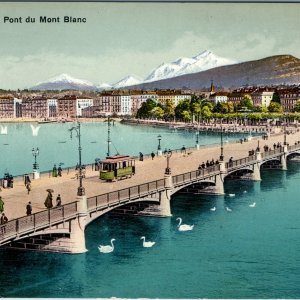 c1910s Geneva Switzerland Postcard Pont du Mont Blanc Bridge Tram Alps Swans