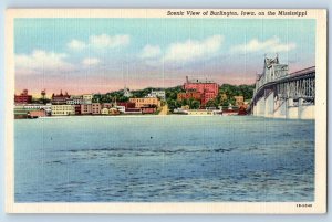Burlington Iowa IA Postcard Scenic View Mississippi River c1940 Vintage Antique