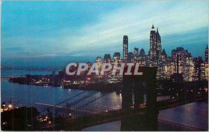 Modern Postcard Nightfall in Lower Manhattan with Brooklyn Bridge, New York City