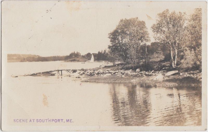 Maine Me Real Photo RPPC Postcard 1912 SOUTHPORT Sailboat Shore Lake Cottages 