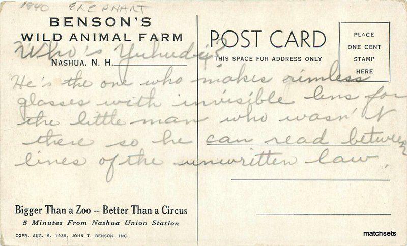 1940s Benson's Wild Animal Farm Elephant Nashua New Hampshire 