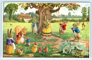 RACEY HELPS Anthropomorphic THE SWING Dressed Rabbits Animals- Medici Postcard