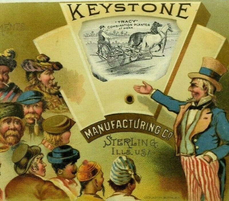 1880's-90's Mechanical Keystone Mfg. Card Agricultural Implements Uncle Sam 7J