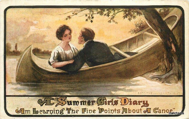 c1910 Romantic Couple Canoe Summer Girl Diary Ryan Colorgravure Postcard