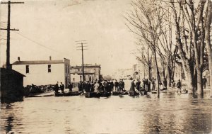 H35/ Three Rivers Michigan RPPC Postcard c1910 Flood Disaster Boats Stores 85