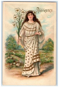 c1910's Easter Innocence Woman With Lilies Flowers Embossed Antique Postcard