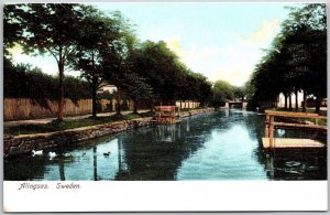Alingsas Sweden Lined-Trees Along River Sightseeing Attractions Postcard