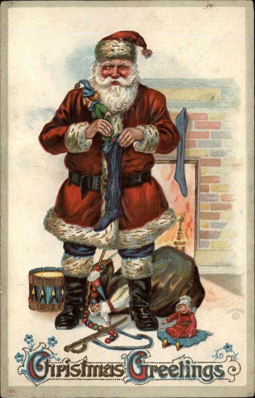 Christmas Santa Claus Stocking Doll Dolly Drum Jester Doll c1910 Postcard
