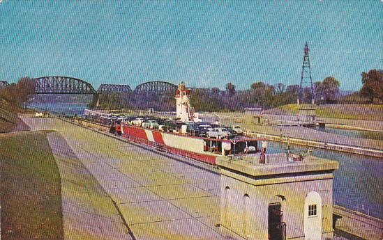 Kentucky Louisville Diesel Barge Transporting Automobile Through Lock