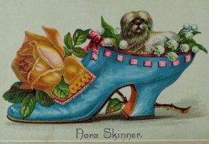 Embossed Victorian Card Nora Skinner Giant Blue Lady's Shoe Tiny White Dog *W 