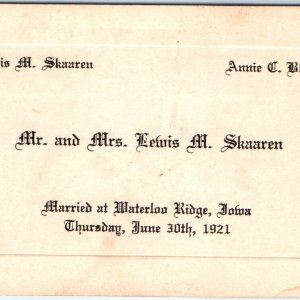 1921 Waterloo Ridge Iowa Lewis Skaaren Marriage Card Annie Blegan Antique IA C31