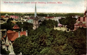 Postcard View From Tower of Lincoln School Building in Coldwater, Michigan