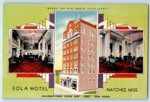 c1940 Natchez Mississippi MS Vintage Postcard Eola Hotel Main Lobby Palm Room