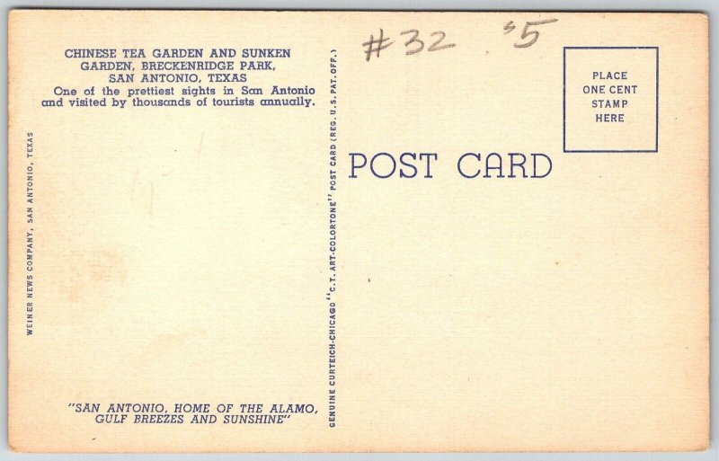 San Antonio Texas 1940s Linen Postcard Chinese Tea Garden Breckenridge Park