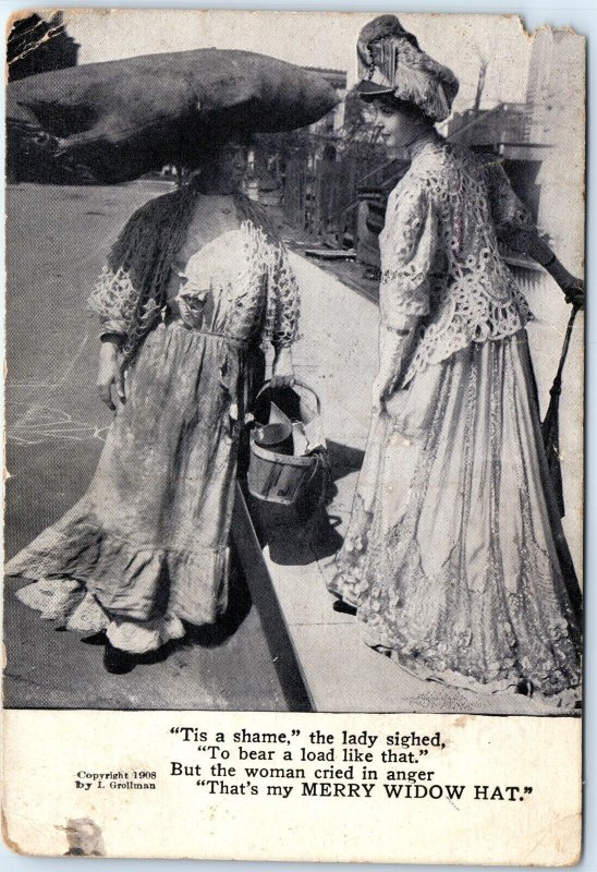 1908 I. Grollman Exaggerated Merry Widow Hat Edited Women Photo Postcard A115