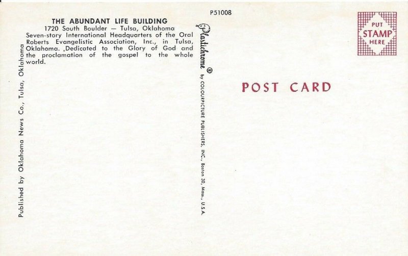 The Abundant Life Building, Tulsa, Oklahoma Vintage Postcard