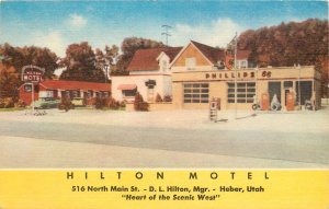 Linen Postcard Hilton Motel Heber Utah Phillips 66 Gas station Wasatch County