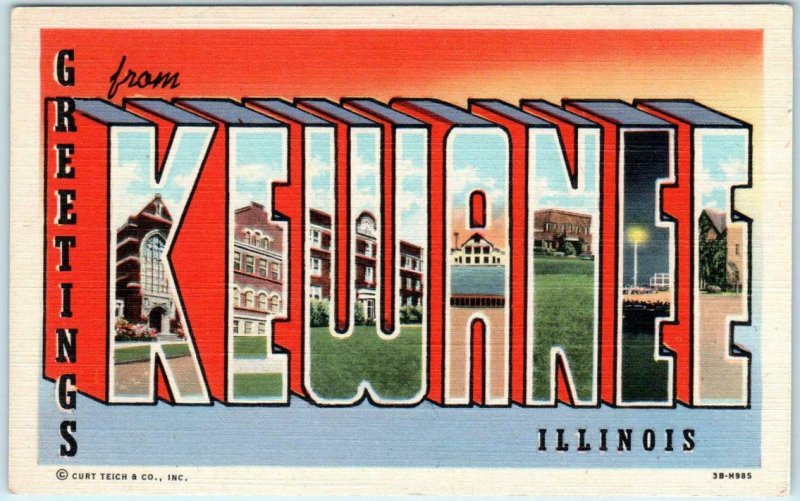 Large Letter Linen  KEWANEE, ILLINOIS IL c1940s Henry County ~ Curteich Postcard