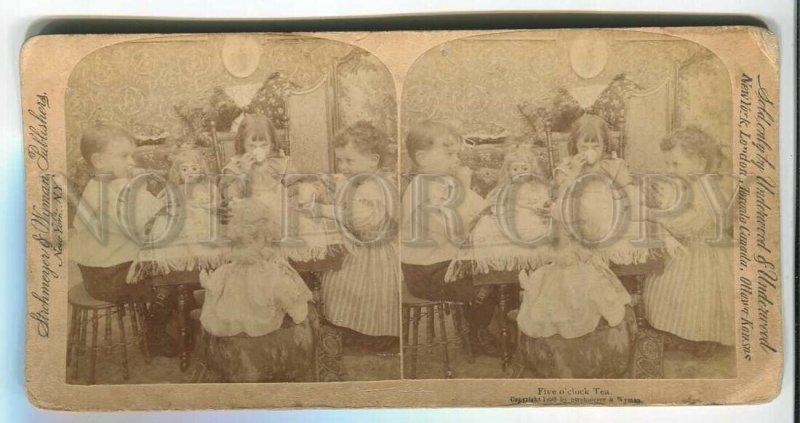 436430 USA 1898 girls five o'clock tea with dolls Vintage Underwood STEREO PHOTO