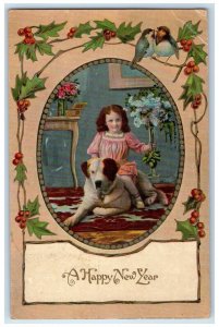 1912 Happy New Year Little Girl Dog Holly Berries Bridgeport CT Antique Postcard