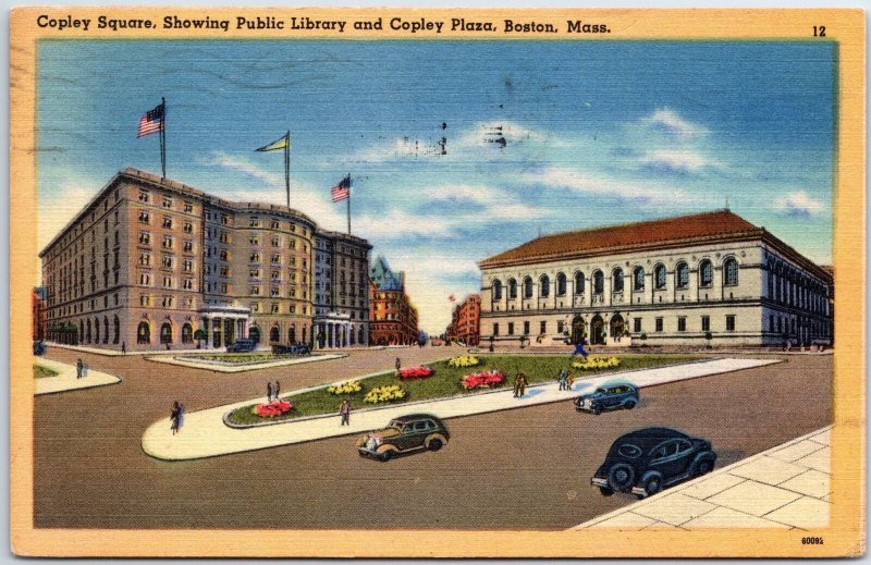 VINTAGE POSTCARD COPLEY SQUARE WITH PUBLIC LIBRARY AT BOSTON MASS 1945