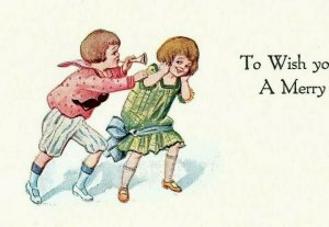 1907-15 Wish A Merry Christmas Pink Perfection Postcard Vtg Fairman Kids Playing 