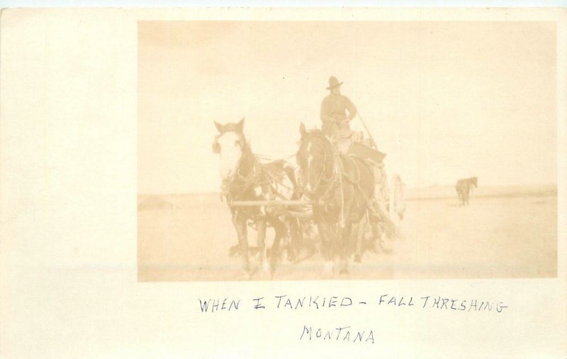 Postcard RPPC Montana Fall Harvest Tanker horse freight 23-3660