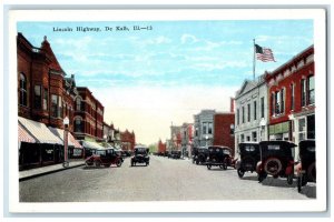 c1920's Lincoln Highway Classic Cars US Flag Building De Kalb Illinois Postcard