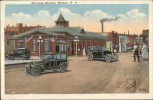 Fulton NY RR Train Station & Old Cars c1920 Postcard