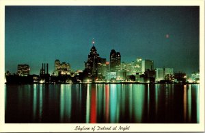 Detroit Skyline at Night, water reflection Michigan Postcard from Windsor Canada
