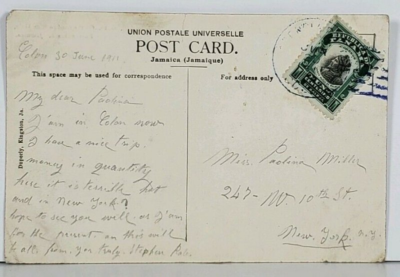 Jamaica On The Road to Blue Hole, Port Antonio 1911 to New York Postcard K1