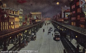 Bowery at Night Elevated Railroad New York City 1910c postcard