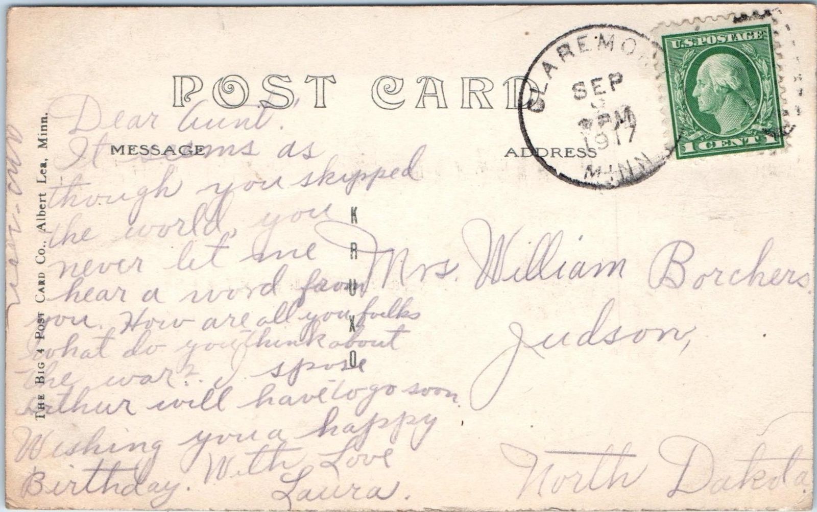 RPPC CLAREMONT, MN Minnesota ELM STREET SCENE Bank 1917 Postcard