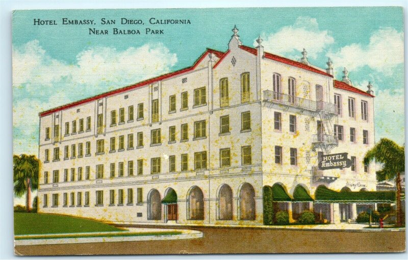 Hotel Embassy 3645 Park Boulevard San Diego California CA Vintage Postcard E11