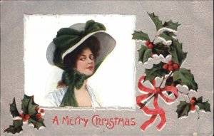Christmas Pretty Woman Hat Holly Embossed c1900s-20s Postcard
