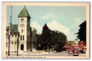 c1940's Tower Clock, Cars, Main Street, Post Office Ontario Canada Postcard