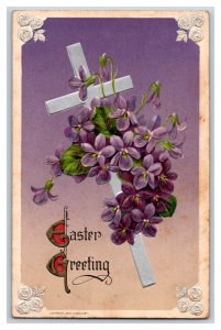 Easter Greetings Foiled Cross Violet Flower Blossoms John Winsch DB Postcard R26