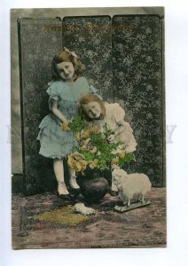 240085 FASHION Girl w/ DOLL Sheep TOY Vintage 1909 RPPC